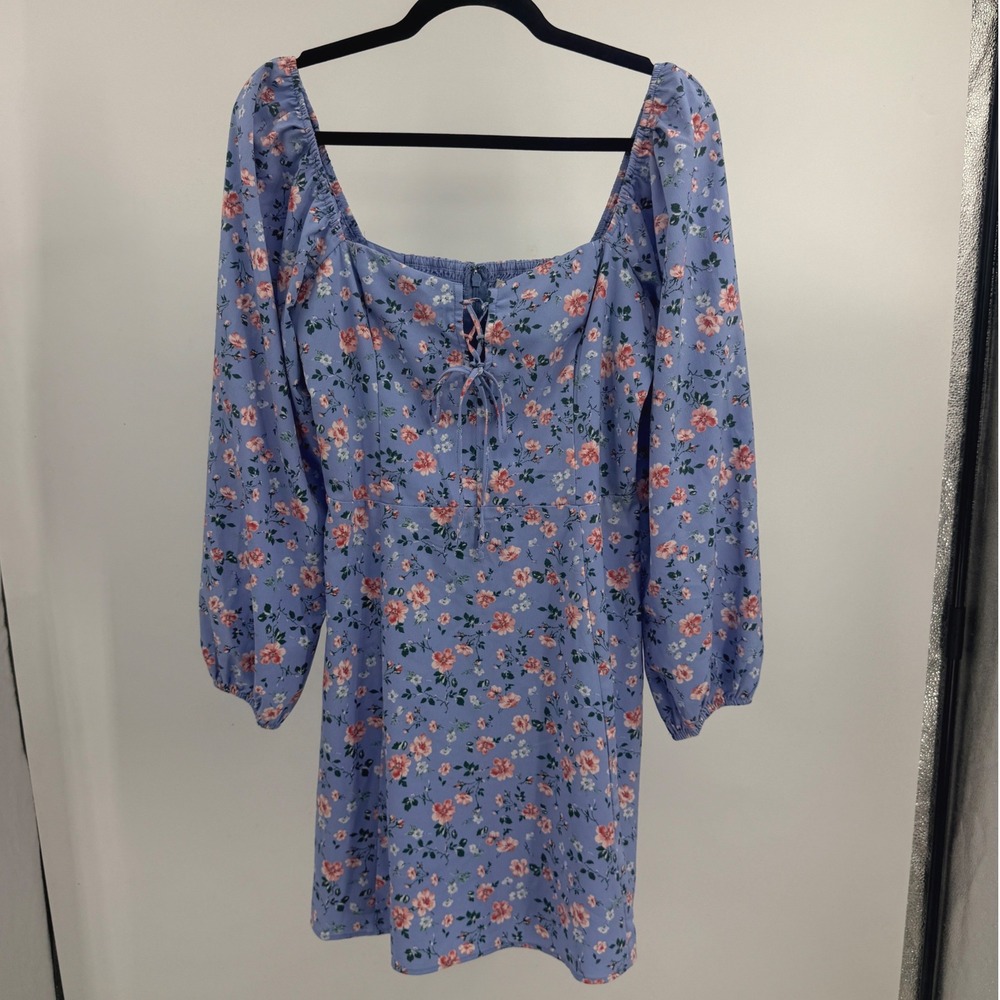 Abercrombie & Fitch Blue Floral Lace-Up Long Sleeve Mini Dress MT Prairie Boho M